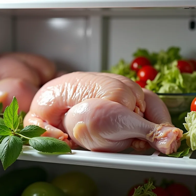 Frango cru próximo a uma salada pronta na geladeira.