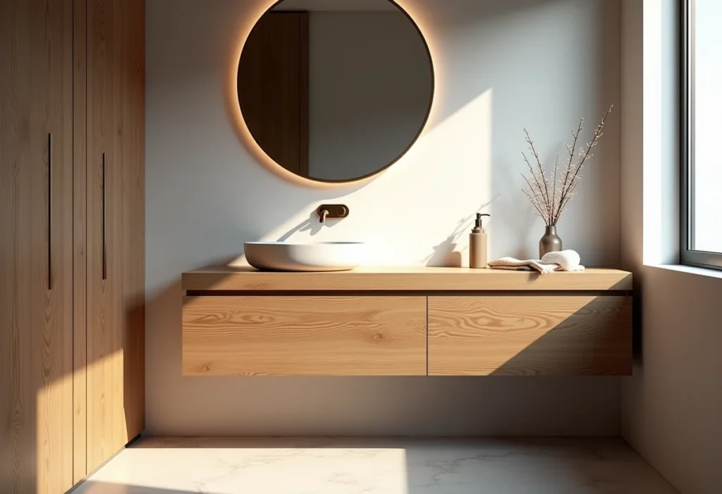 Gabinete de banheiro de madeira elegante com iluminação natural suave.