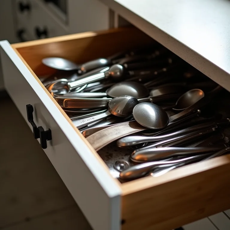 Gaveta de cozinha bagunçada com excesso de utensílios