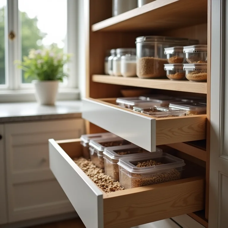 Gavetas de cozinha organizadas com divisórias.