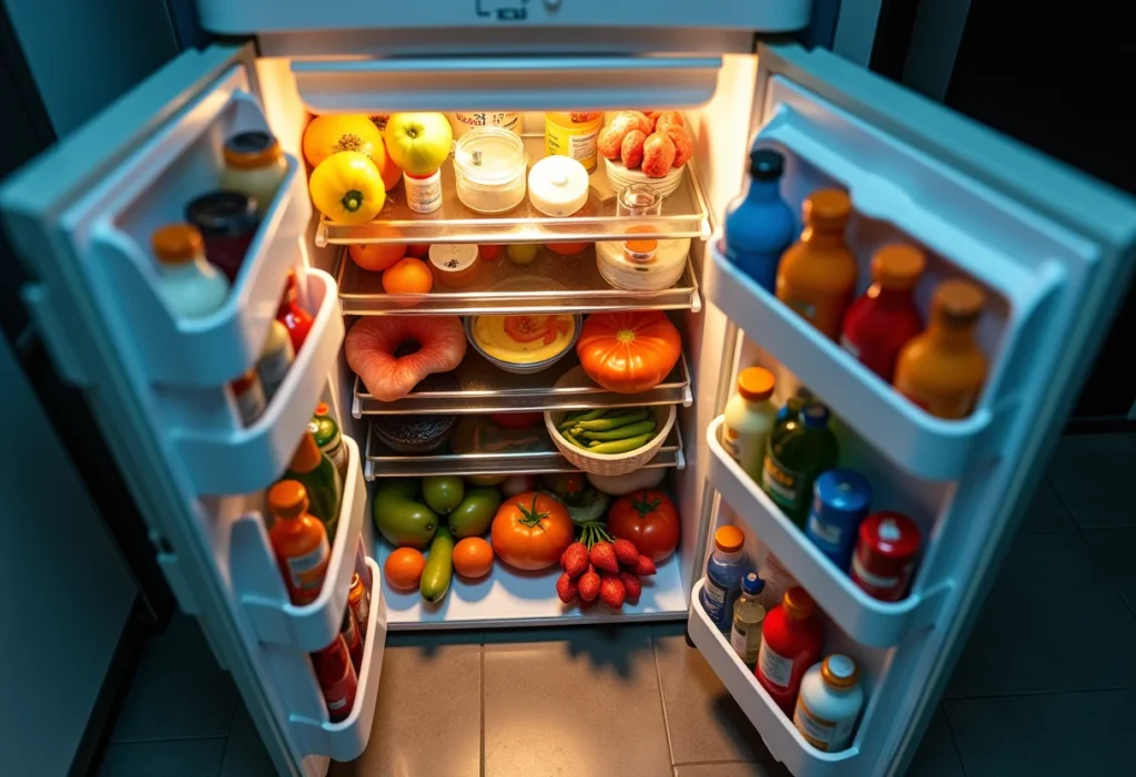 Geladeira superlotada com itens caindo, representando falta de organização.