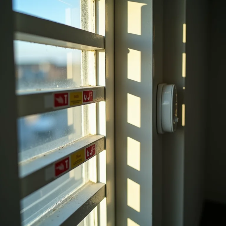 Grade de janela com adesivos de alerta de incêndio