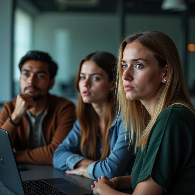 Grupo diverso de funcionários desmotivados em um escritório com iluminação ruim.