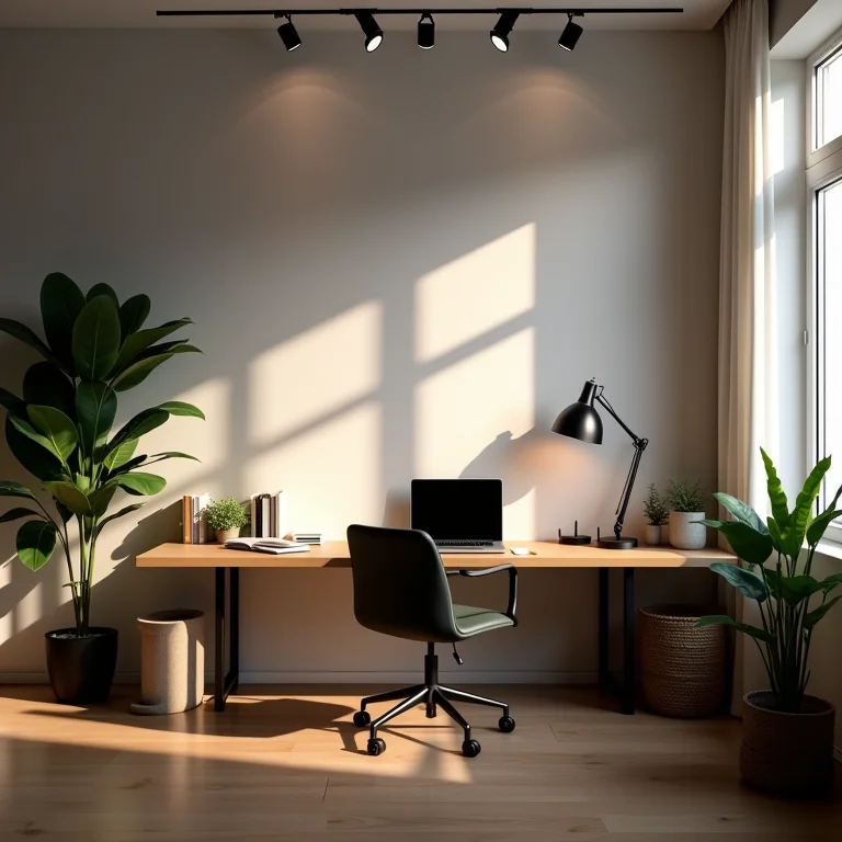 Home office com iluminação de trilho ajustável