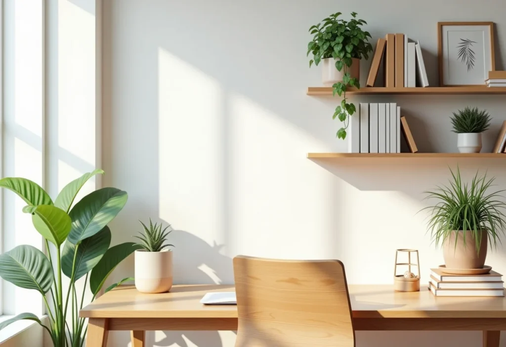 Home office impecável com prateleiras de madeira, plantas e decoração minimalista