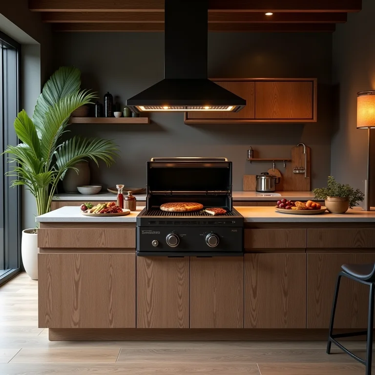 Ilha de cozinha com churrasqueira feita de materiais de alta performance.