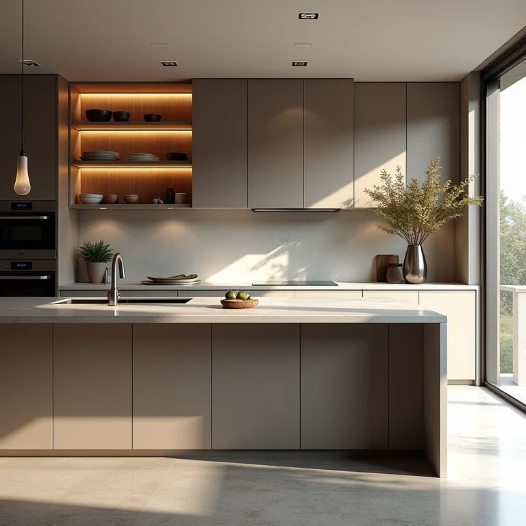 Ilha de cozinha moderna com armários minimalistas.