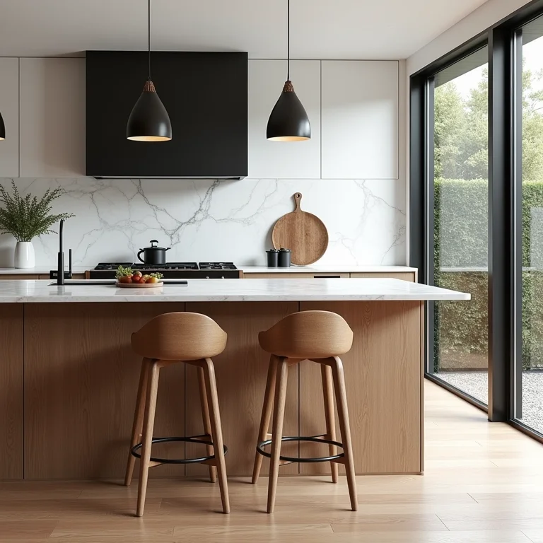 Ilha de cozinha pequena com banquetas grandes que atrapalham a circulação