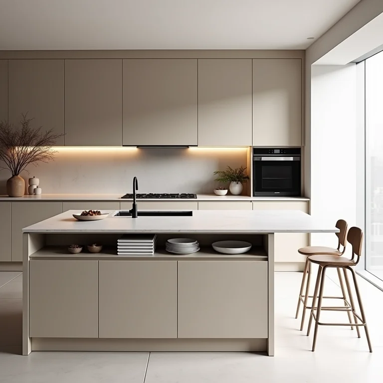 Ilha de cozinha planejada com soluções inteligentes de armazenamento.