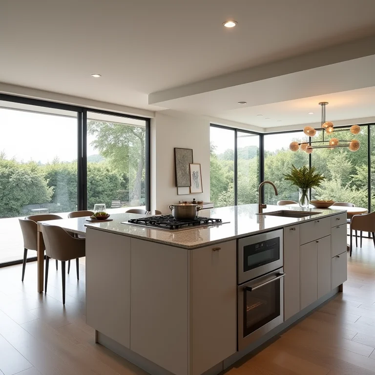 Ilha multifuncional com cooktop e área para refeições