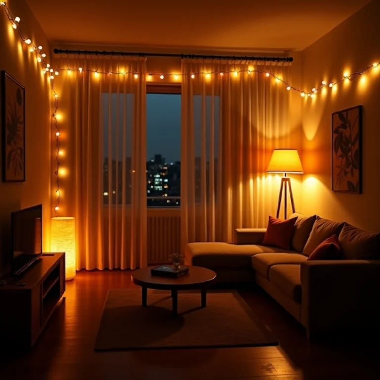 Iluminação acolhedora em uma sala decorada para o Ano Novo