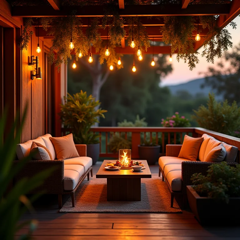 Iluminação acolhedora em varanda gourmet.