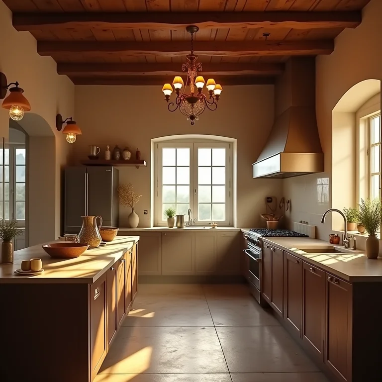 Iluminação aconchegante e funcional em cozinha provençal