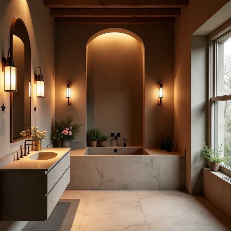 Iluminação artificial em banheiro rústico