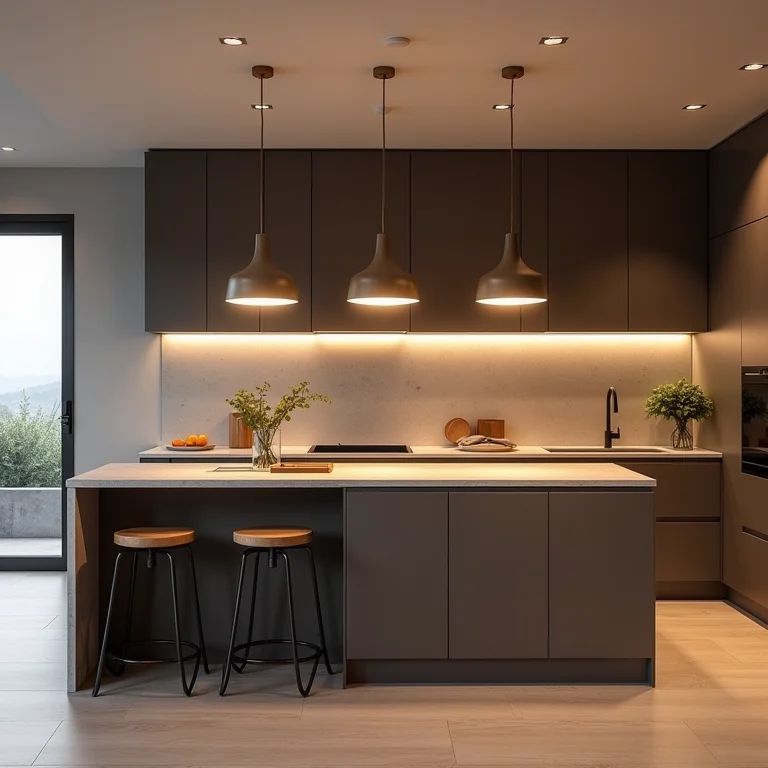 Iluminação bem planejada em cozinha gourmet: pendentes, luzes de armário e spots.