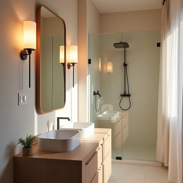 Iluminação bem posicionada em um banheiro moderno