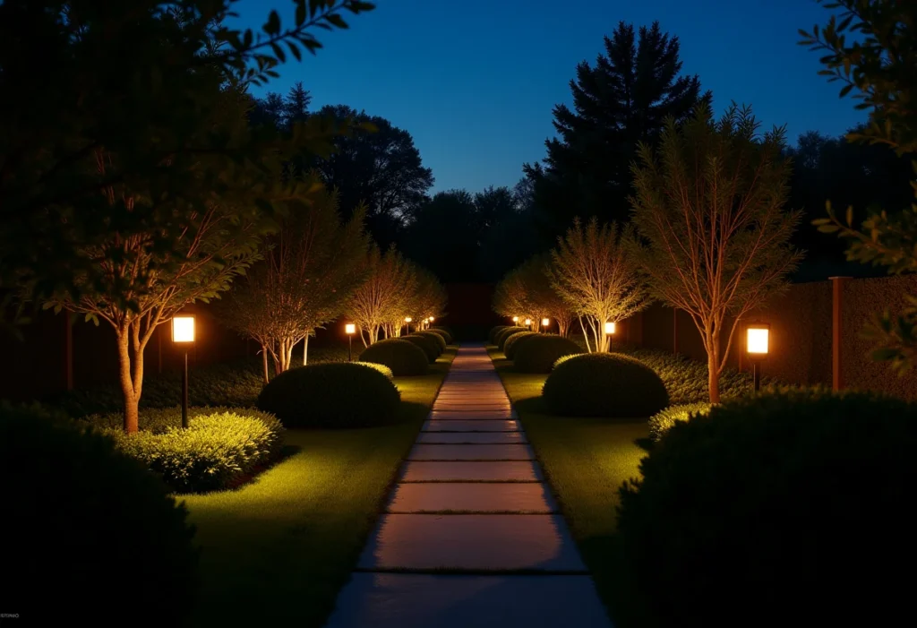 Iluminação de jardim suave e convidativa ao entardecer.