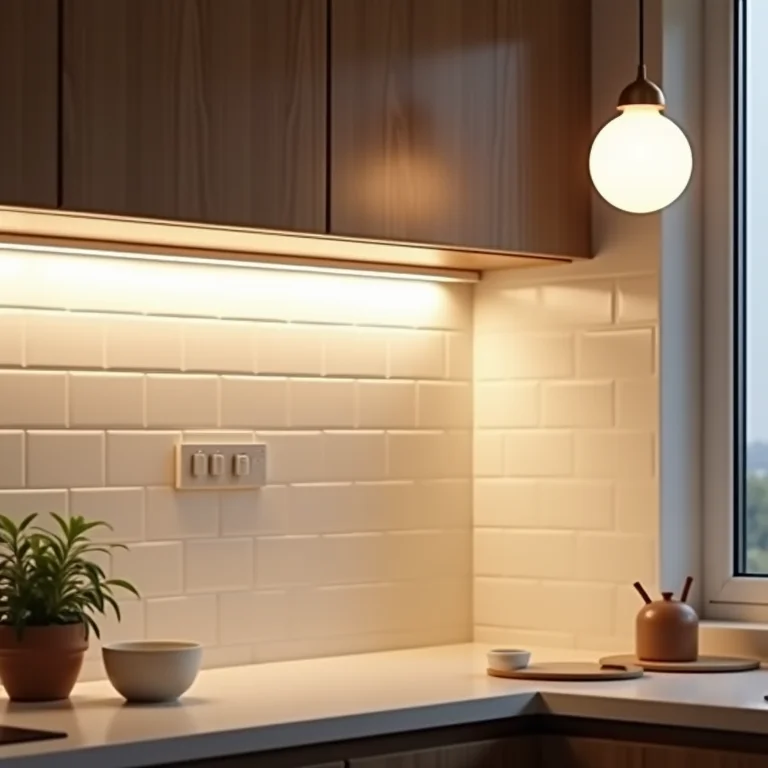 Iluminação em camadas destacando revestimentos claros em cozinha pequena.