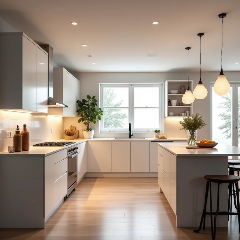 Iluminação em diferentes áreas da cozinha em L