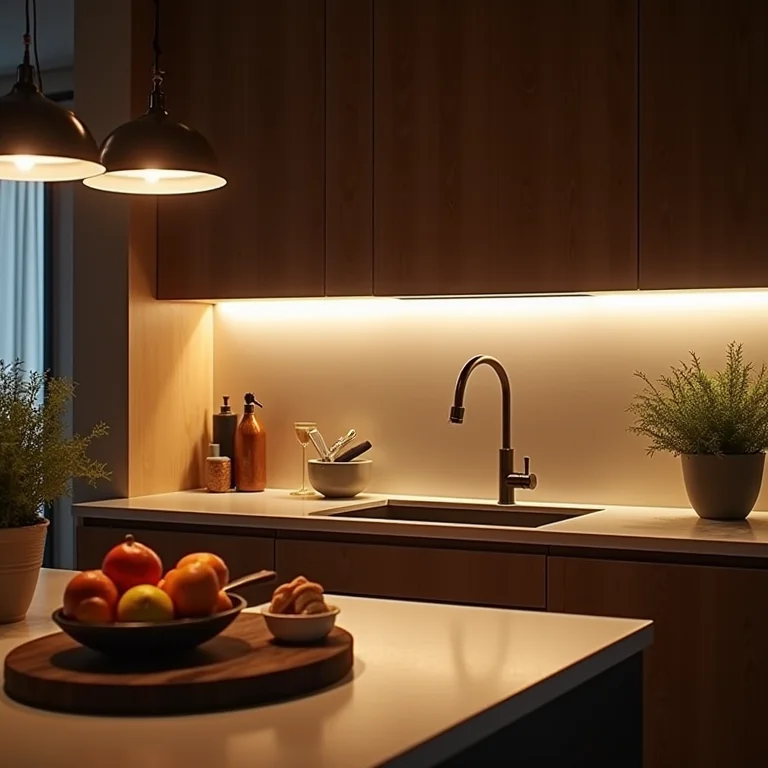 Iluminação estratégica em uma cozinha pequena.