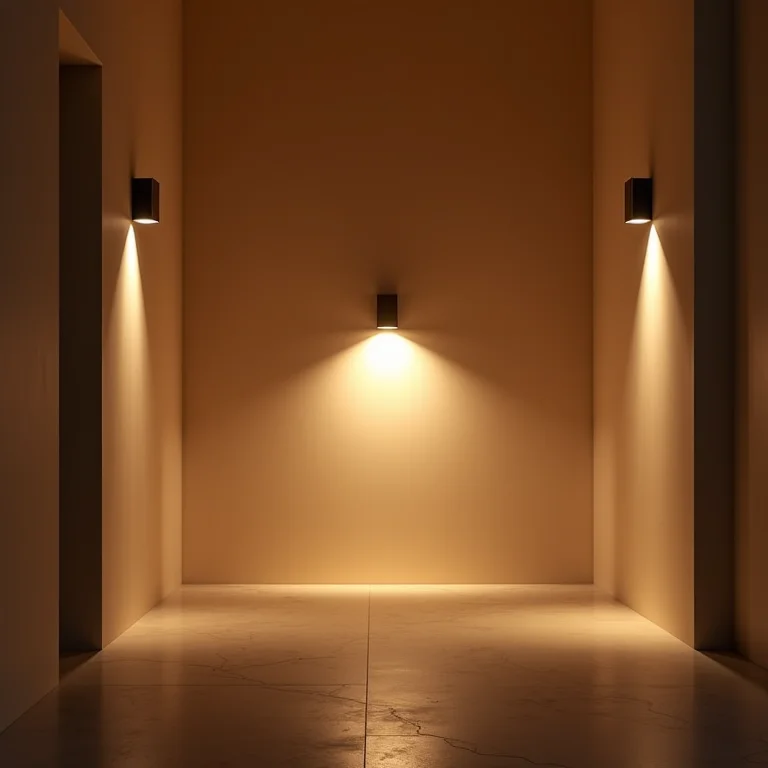 Iluminação estratégica em uma galeria de corredor.