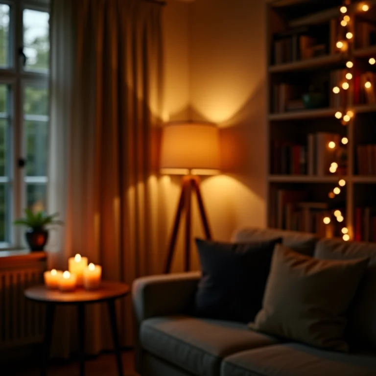 Iluminação estratégica para criar uma atmosfera aconchegante na sala de estar.