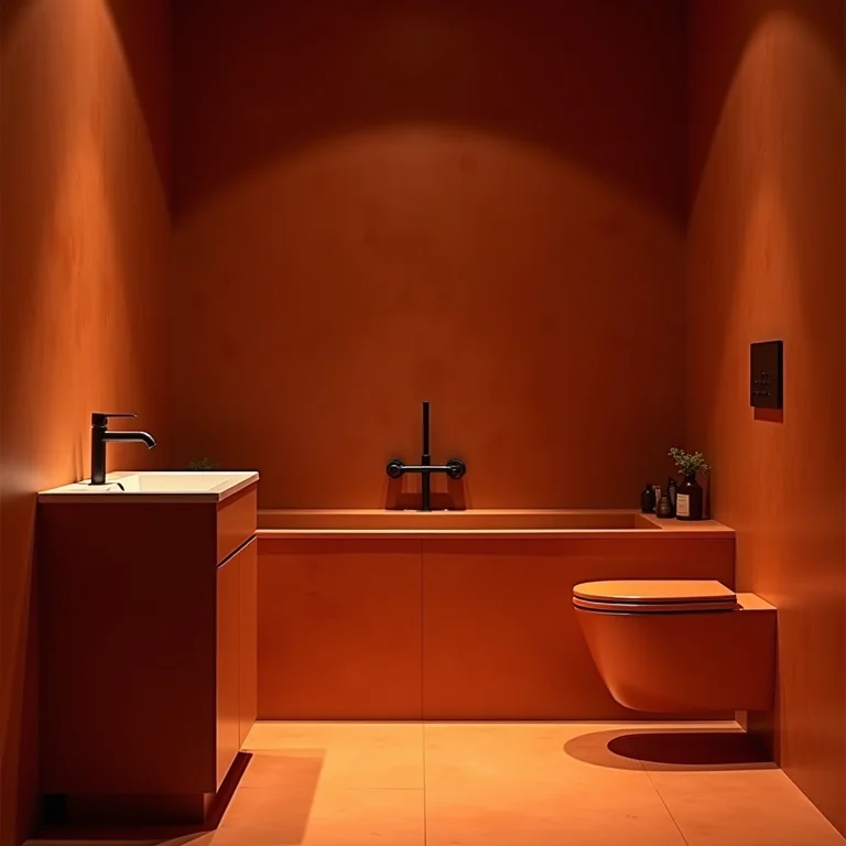 Iluminação inadequada em banheiro com terracota.