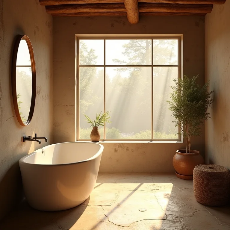 Iluminação natural em banheiro rústico