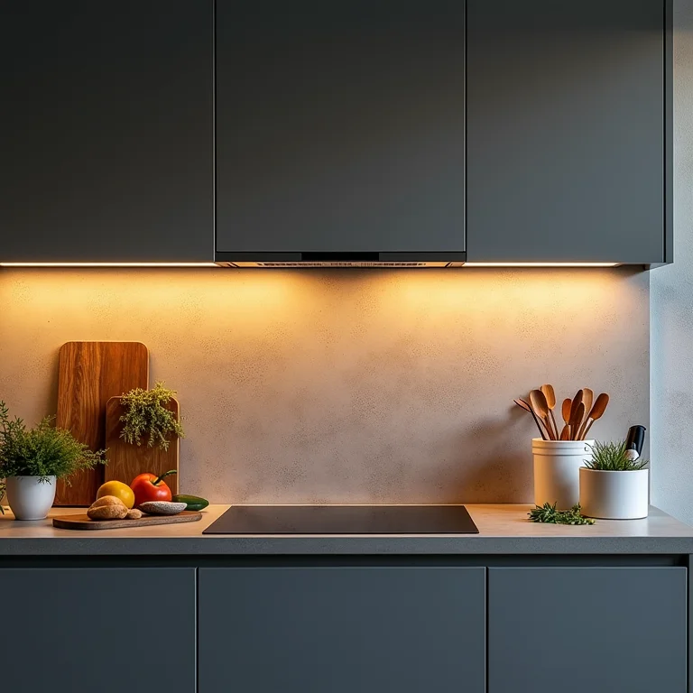 Iluminação sob armários na cozinha cinza