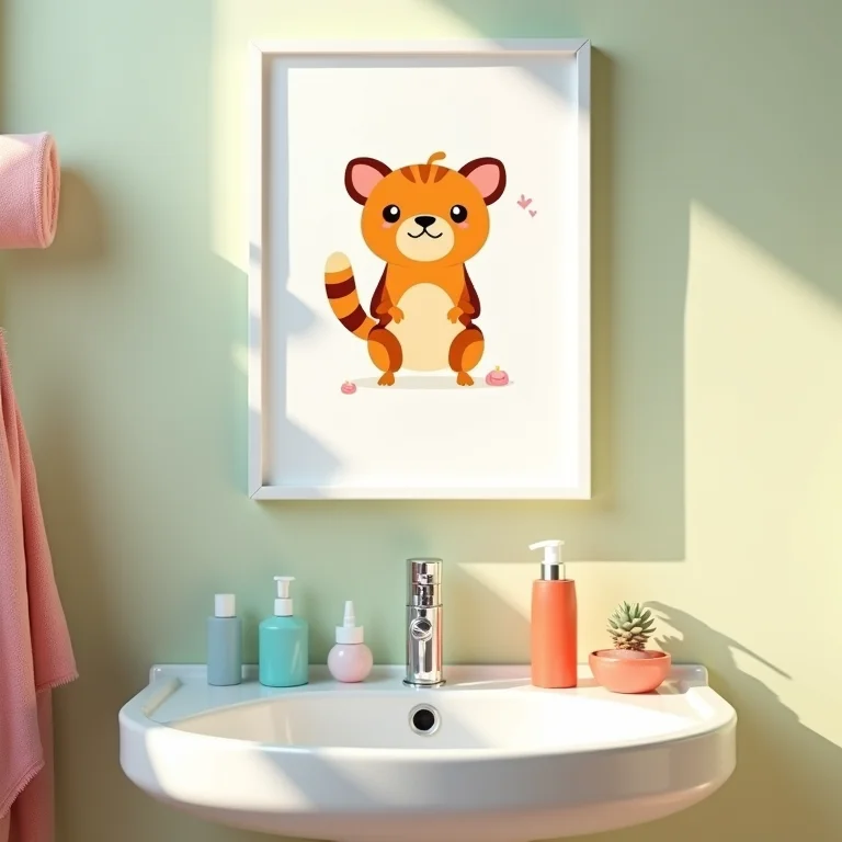 Ilustração divertida e criativa em um quadro no banheiro, tornando o ambiente mais alegre.