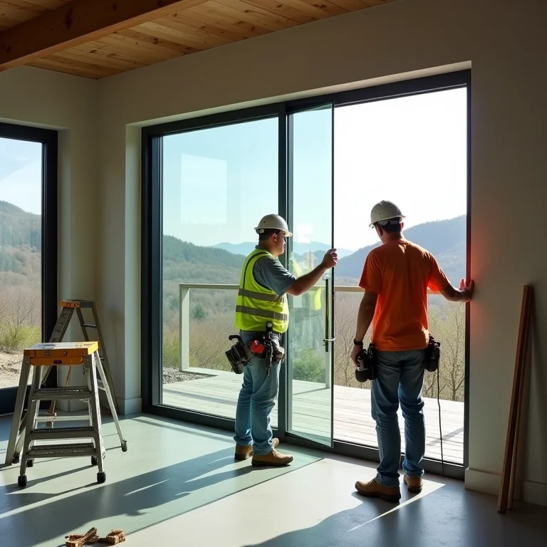 Instalação de janela de vidro temperado por profissionais.