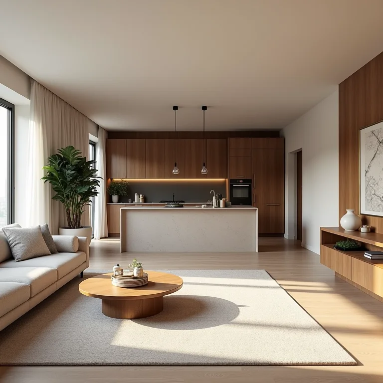 Integração perfeita entre sala de estar e cozinha.