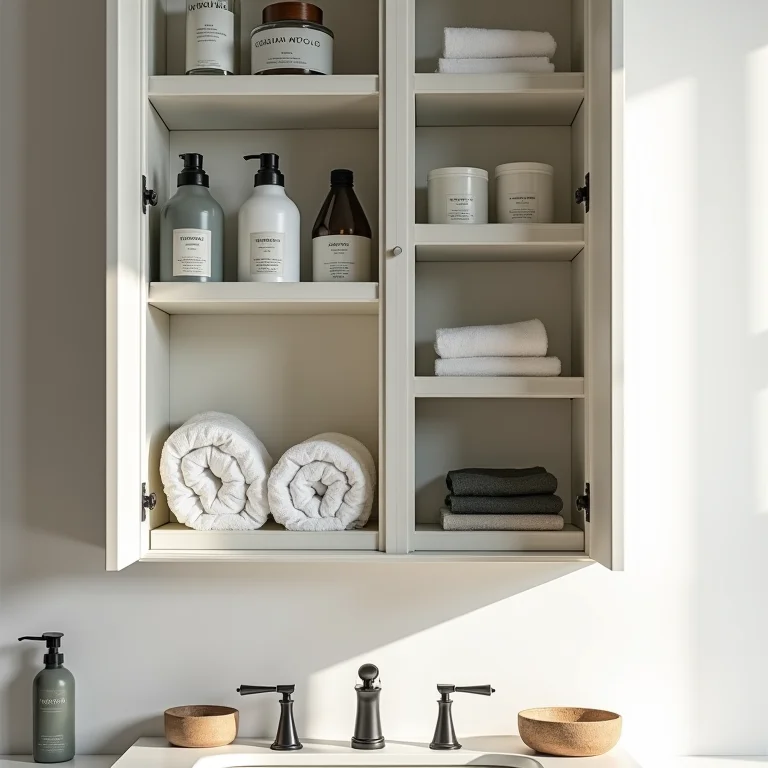 Interior de um espelho armário organizado com etiquetas e produtos