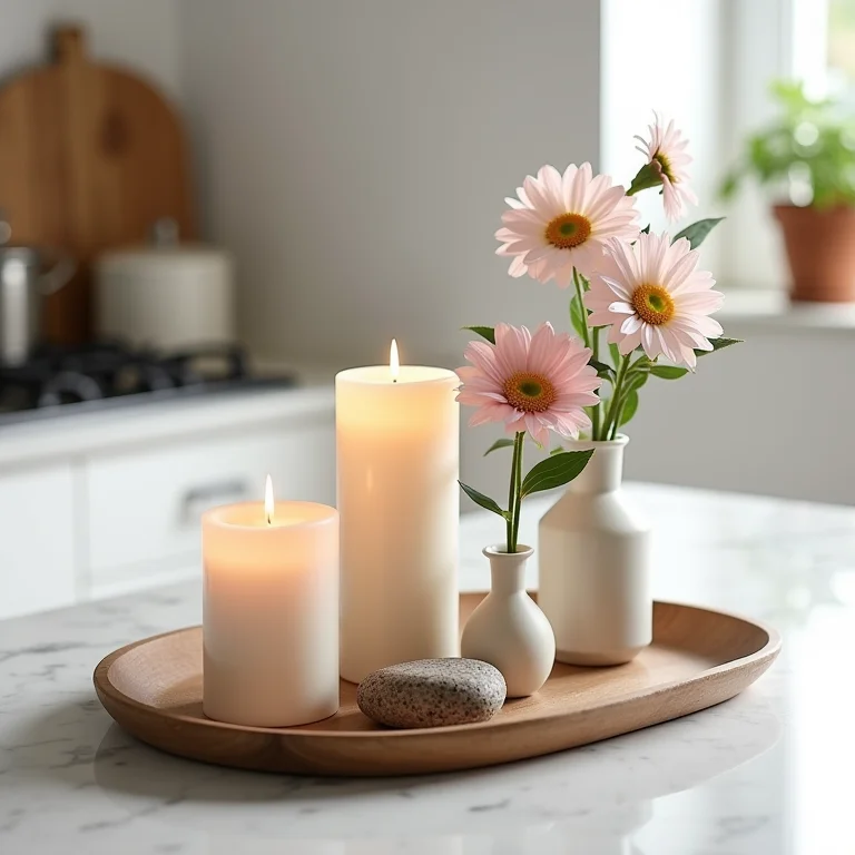 Itens decorativos em bandeja na bancada da cozinha