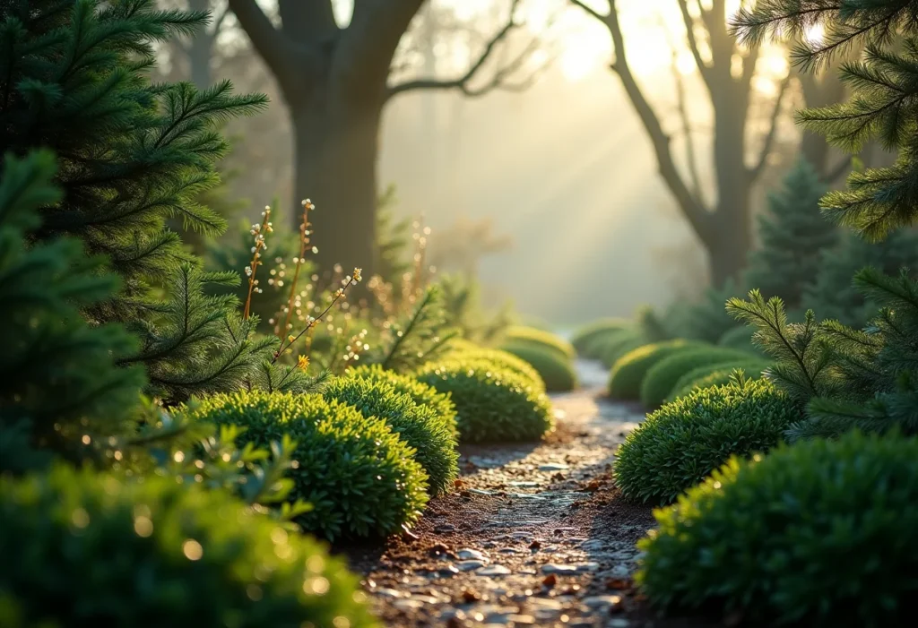 Jardim de inverno exuberante com iluminação suave.