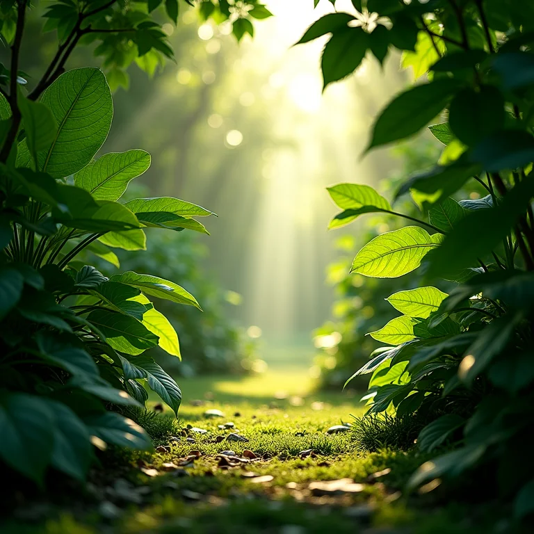 Jardim exuberante com a luz do sol filtrada pelas folhas.