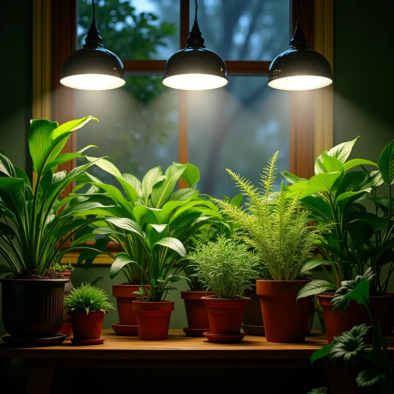 Jardim interno iluminado artificialmente.