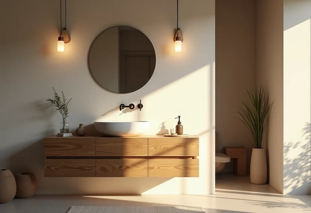 Kit de banheiro de madeira rústico em um banheiro bem iluminado