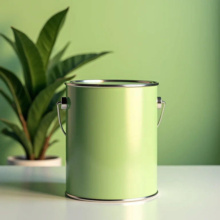 Lata de tinta com baixo VOC com uma planta ao fundo, representando a sustentabilidade.