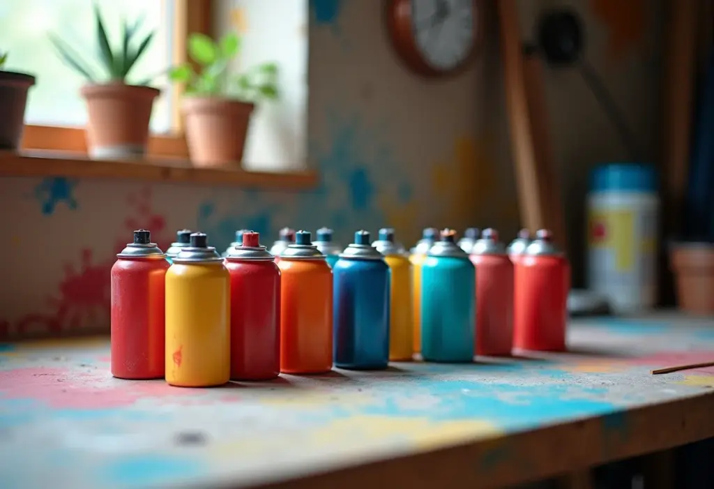 Latas de tinta spray coloridas em uma bancada, prontas para renovar móveis.