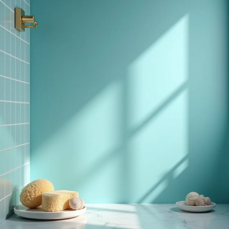 Lavabo azul com esponja marinha e conchas decorativas