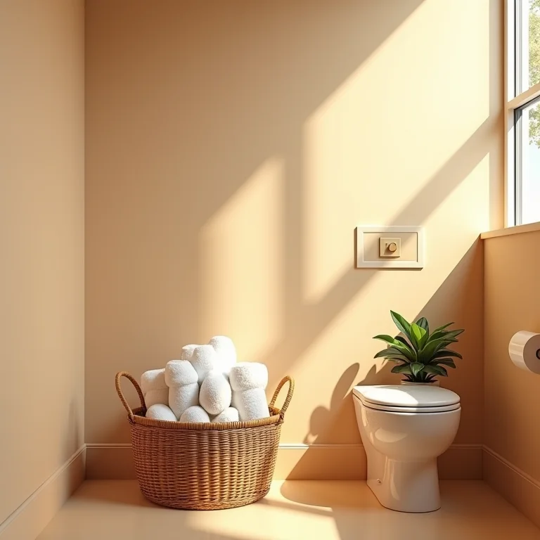 Lavabo bege com cesto de toalhas e suculenta