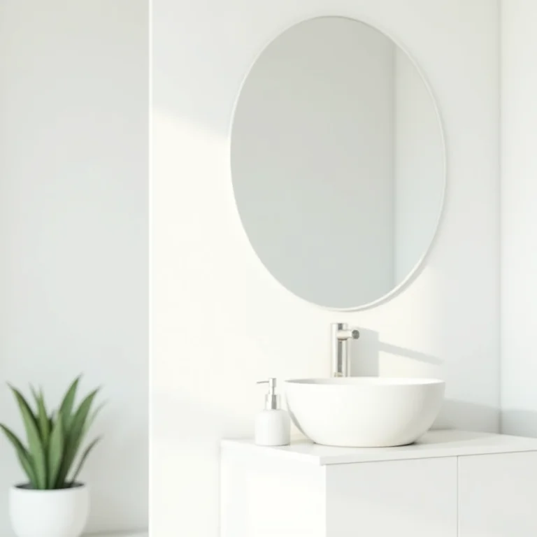 Lavabo branco com espelho redondo e decoração minimalista