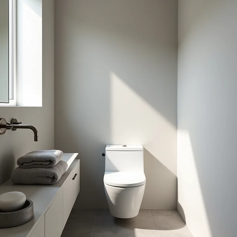 Lavabo cinza com toalhas dobradas e acessórios modernos