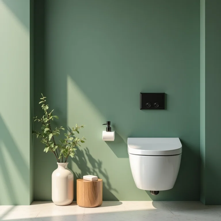 Lavabo verde com saboneteira de madeira e folhagem