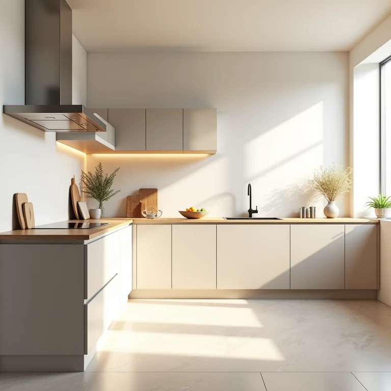 Layout em L para cozinha compacta, otimizando o espaço disponível.