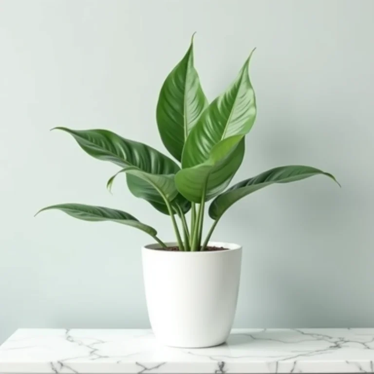Lírio da Paz em vaso branco sobre prateleira de mármore.