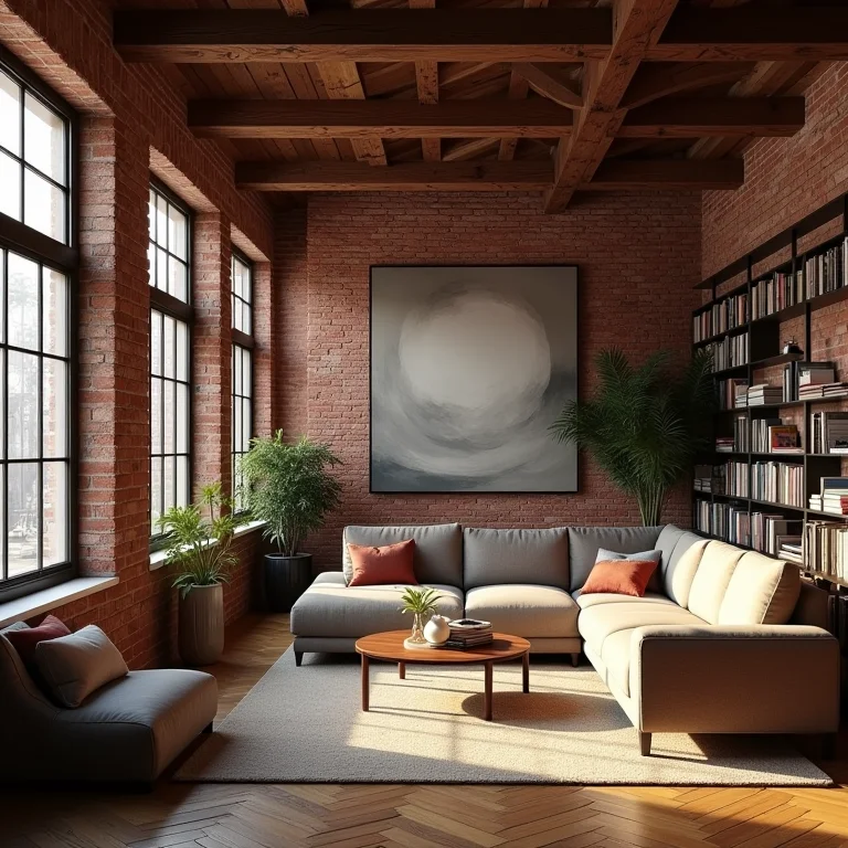 Loft com parede de tijolinho, livros e obras de arte
