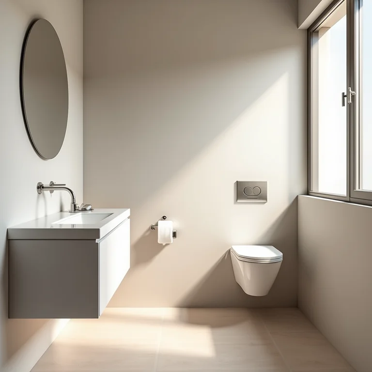 Louças e metais suspensos em banheiro pequeno