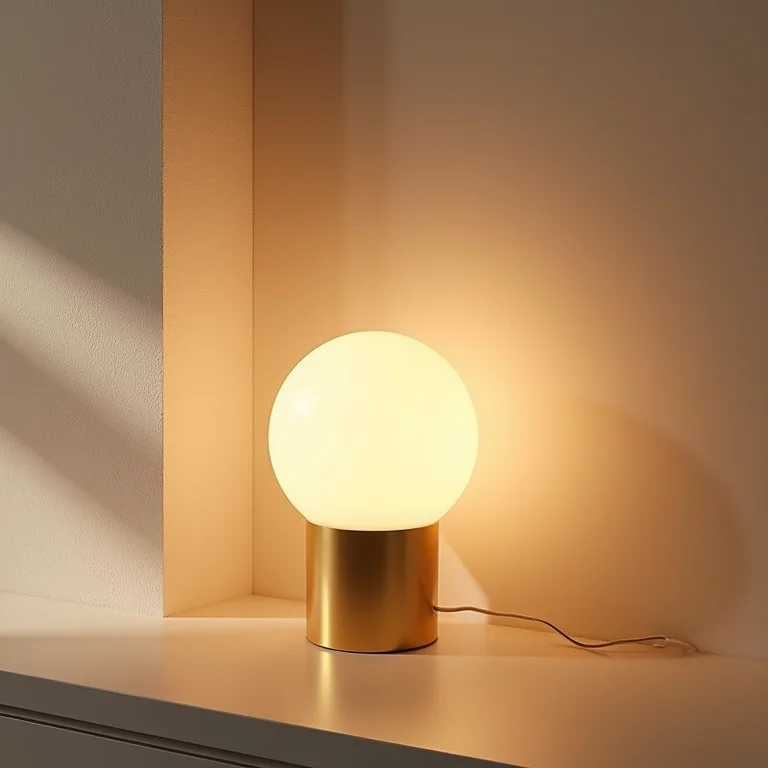 Luminária moderna com base dourada iluminando parede texturizada